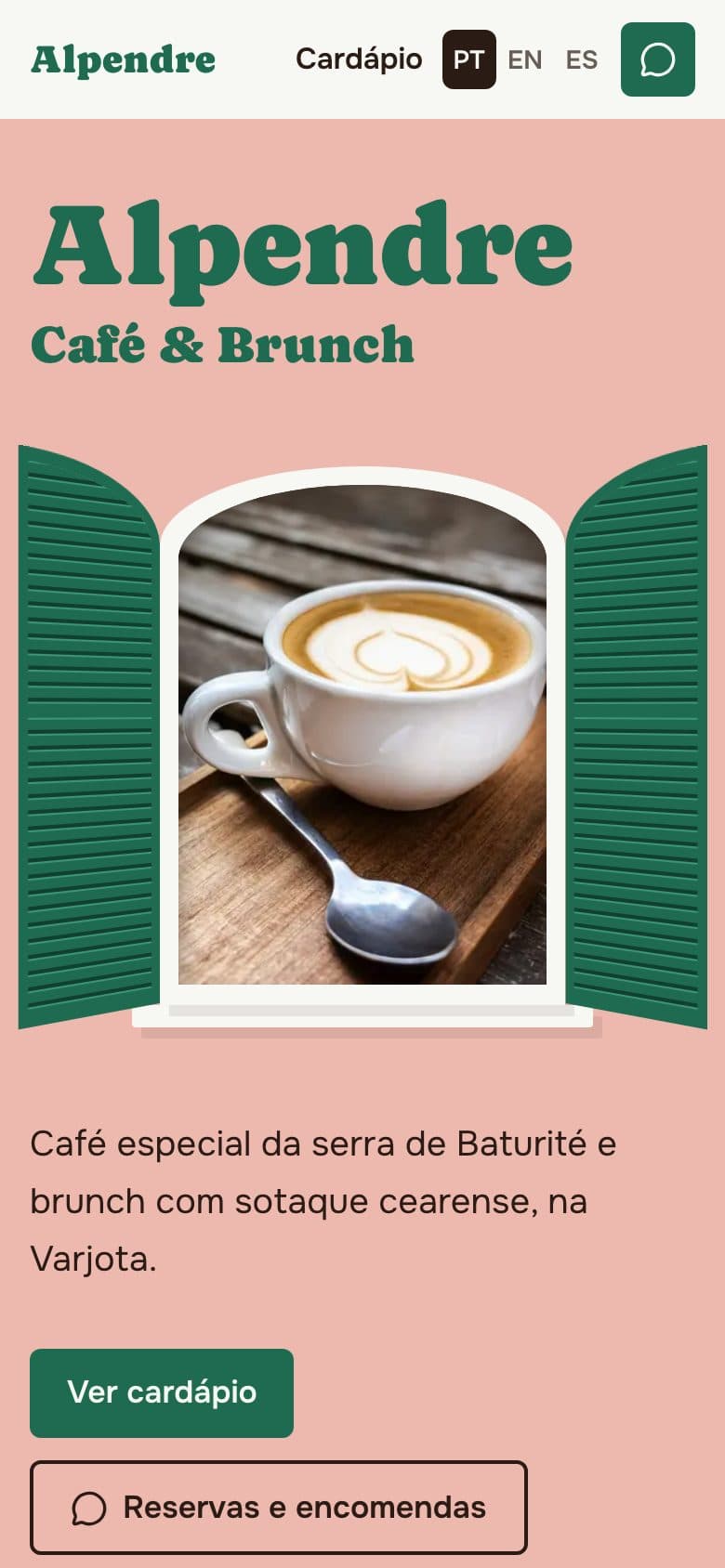 Página inicial do Alpendre Café & Brunch no celular