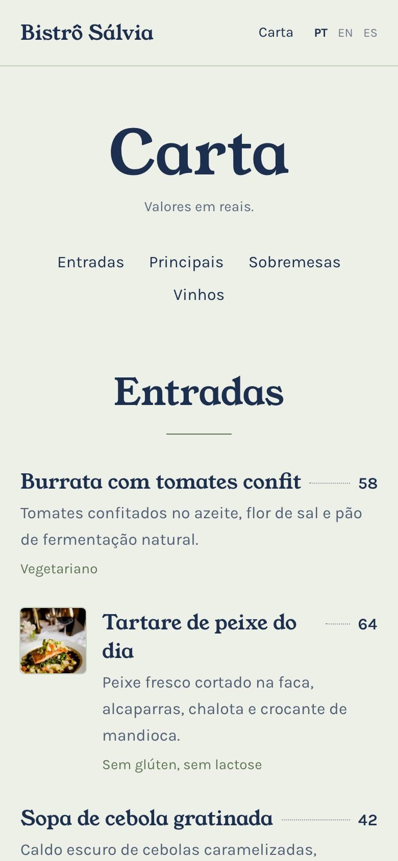Cardápio do Bistrô Sálvia no celular
