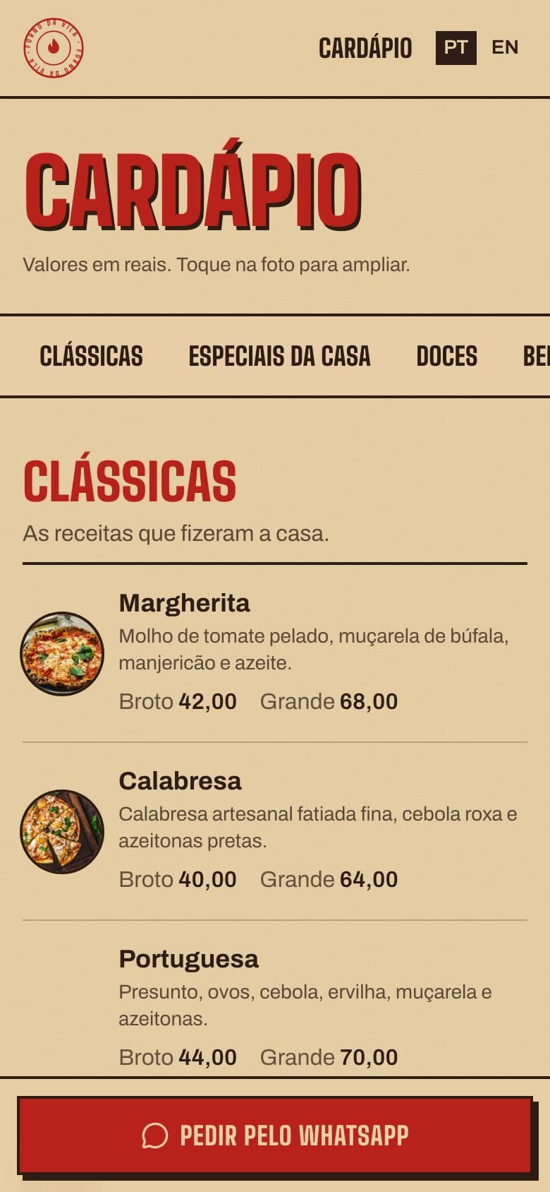 Cardápio do Forno da Vila no celular