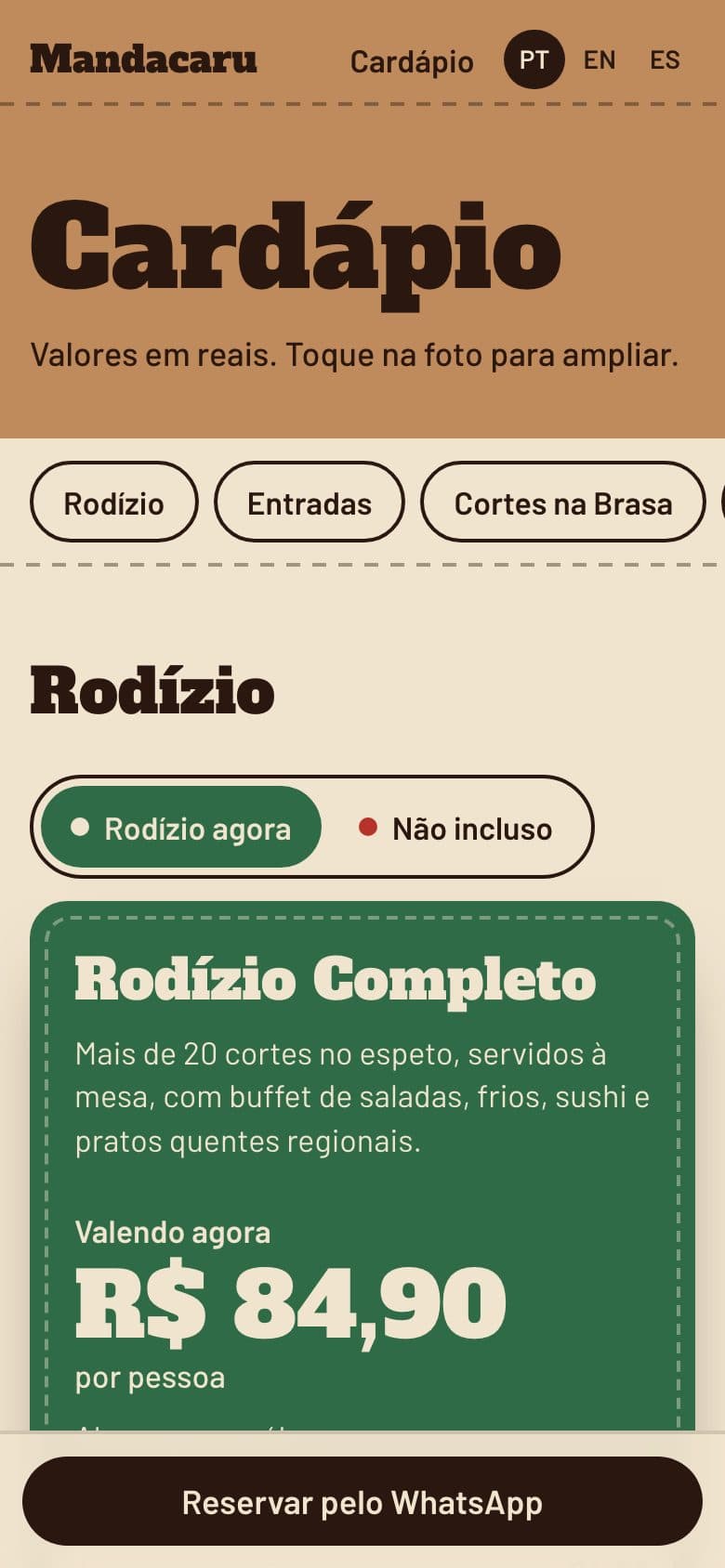 Cardápio do Mandacaru Churrascaria no celular