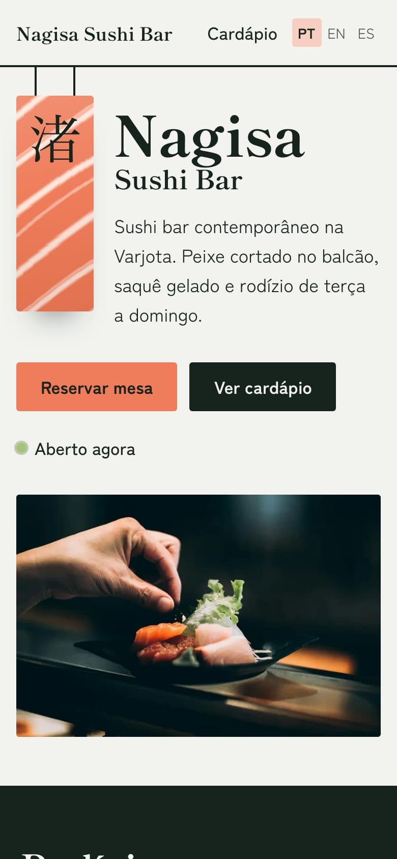 Página inicial do Nagisa Sushi Bar no celular
