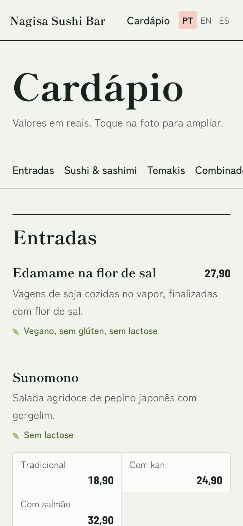 Cardápio do Nagisa Sushi Bar no celular