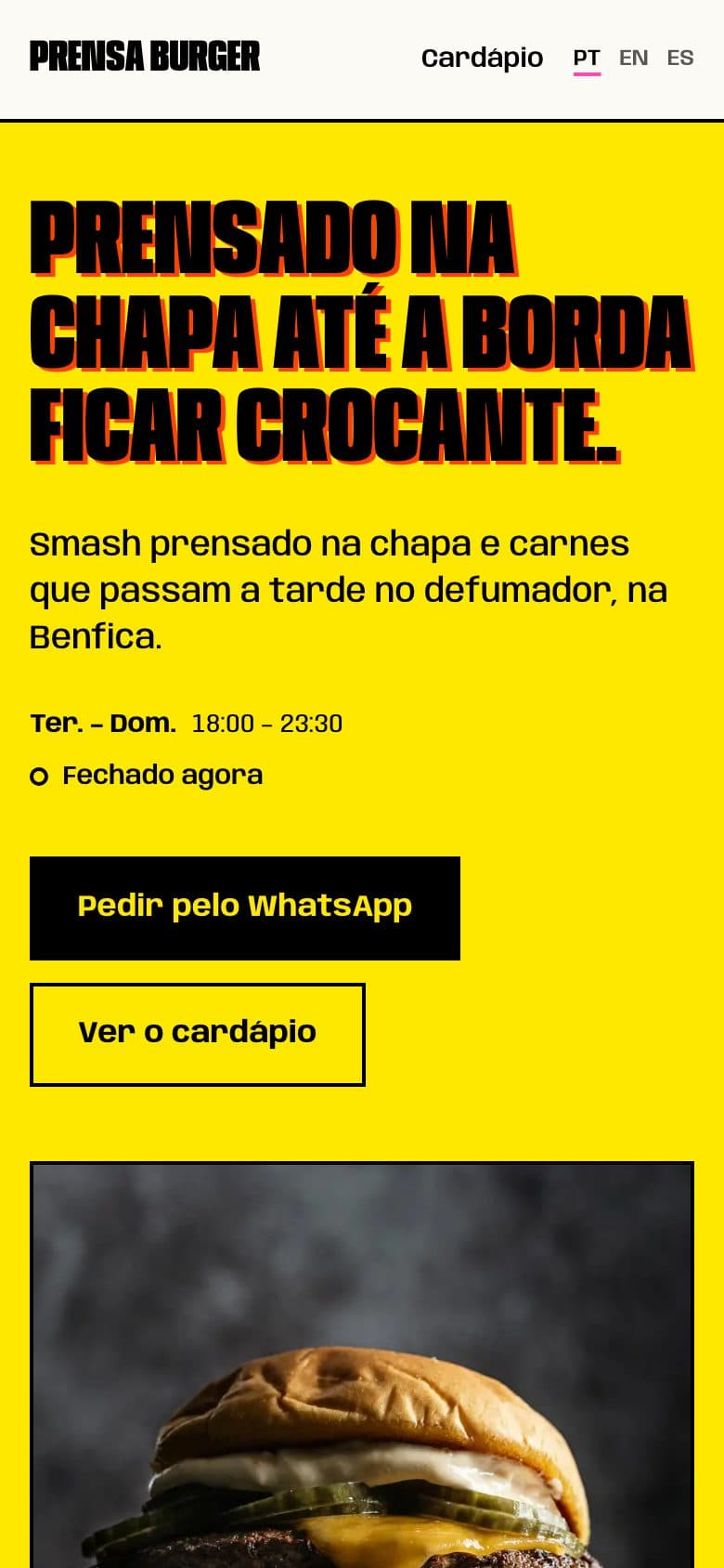Página inicial do Prensa Burger no celular