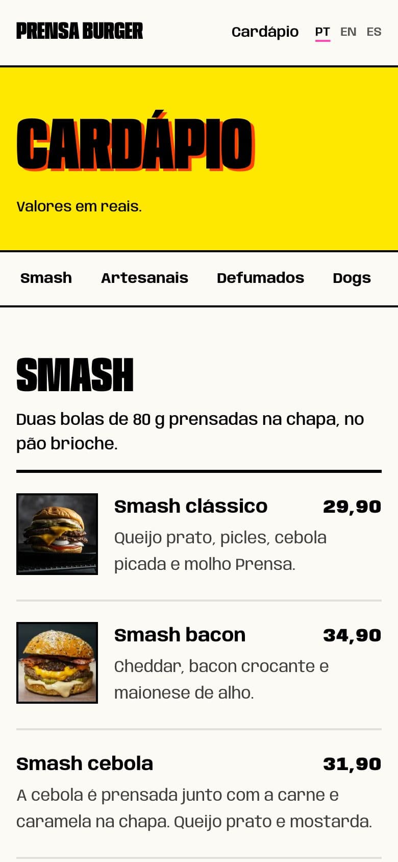 Cardápio do Prensa Burger no celular