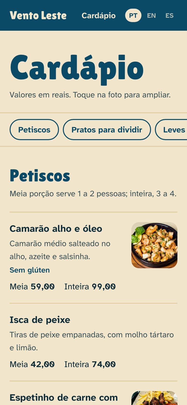 Cardápio do Vento Leste no celular